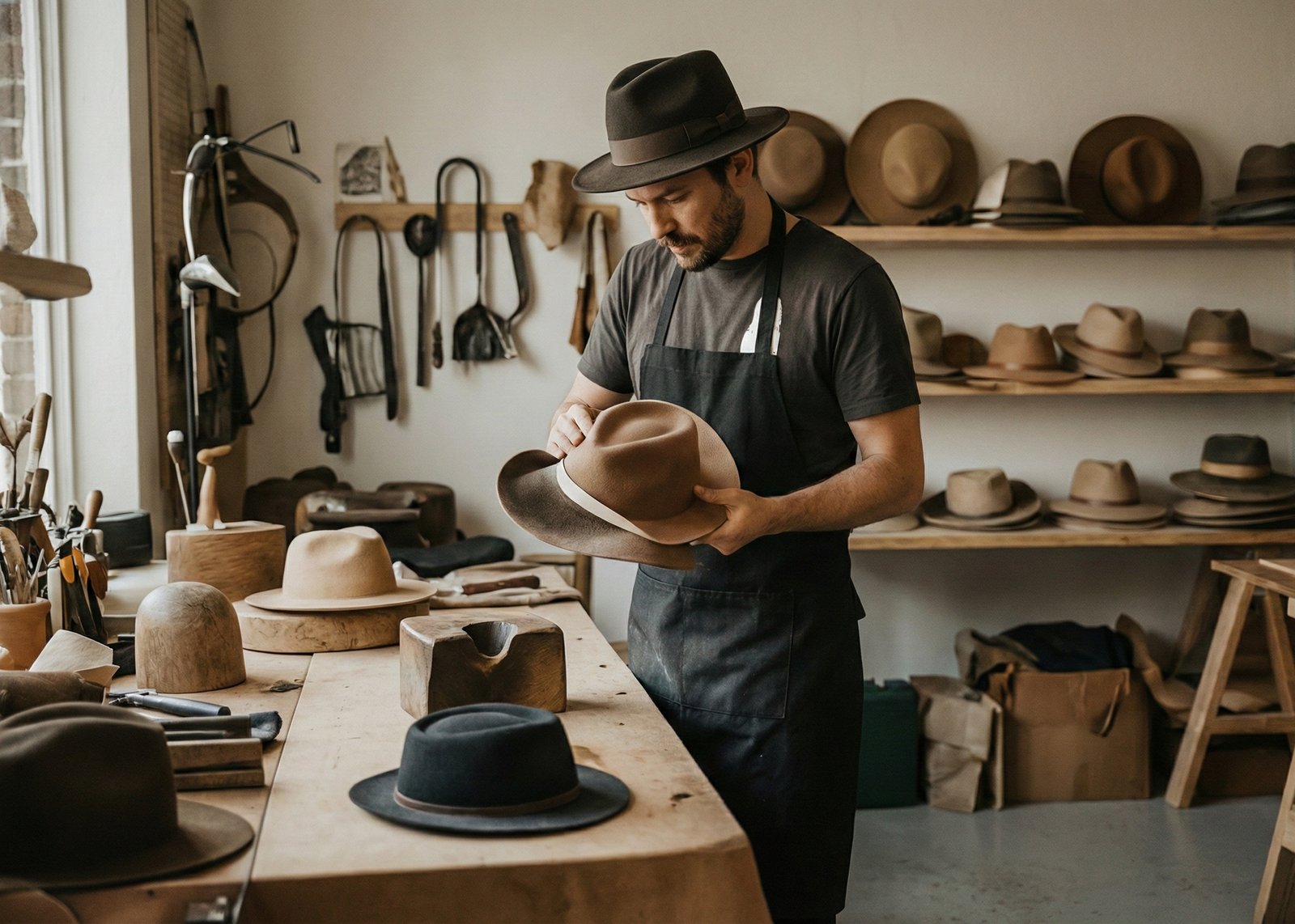Artisan crafting hats in workshop